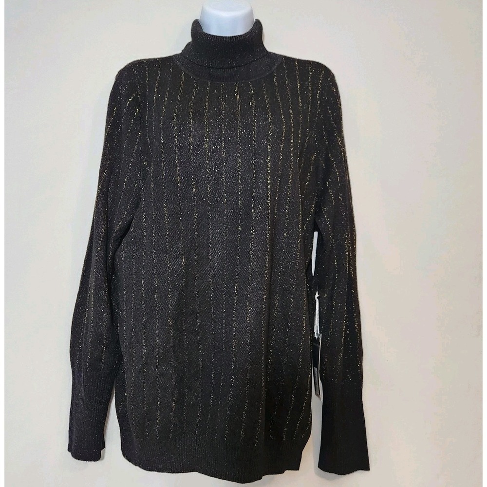 New Worthington Womens Turtleneck Long Sleeve Black Gold Stripe Sweater Size XL